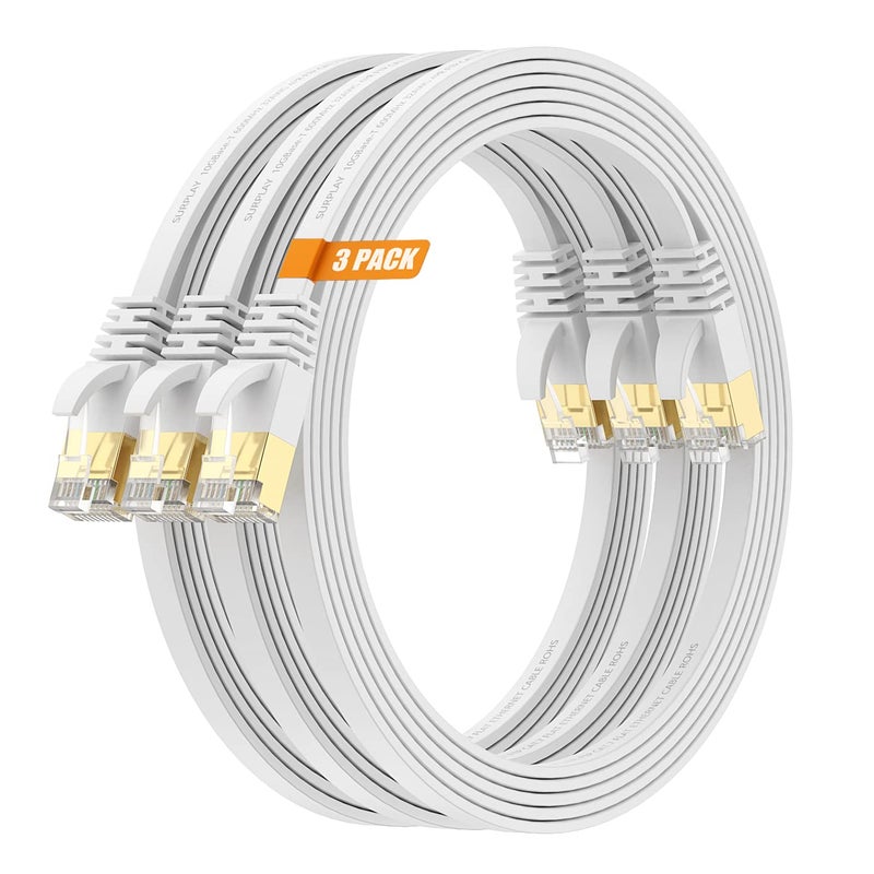 Surplay Cat7 3FT-3Pack Ethernet Cable Flat-White-10Gbps High Speed Ultra Slim Network Patch Cord,Gold-Plated RJ45 Double Shielded with Ground Wire & Cable-Tie for PS5/4,Xbox,TV,Router - Image 1